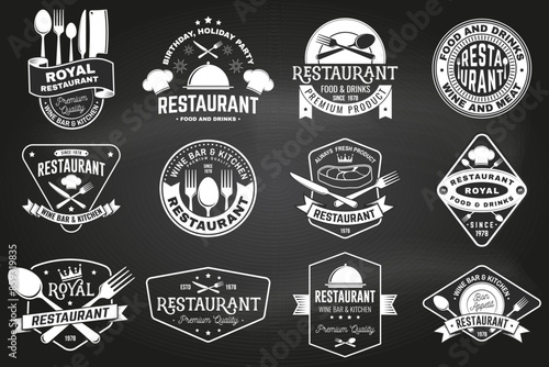Set of Restaurant logo on the chalkboard. Vector. Vintage graphic design for logotype, label, badge with plate, steak, cloche with lid, fork and knife. Cooking, cuisine logo for menu restaurant or