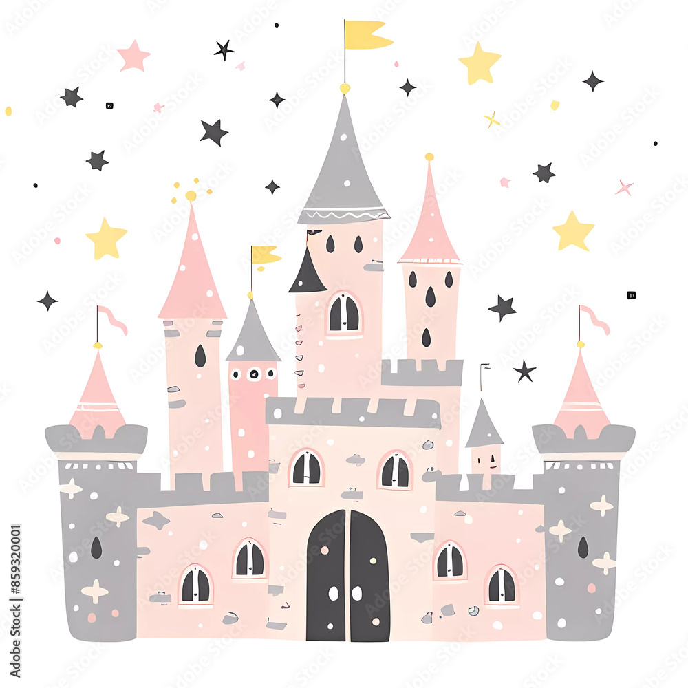 Fototapeta premium Cute fairy tale princess castle, baby print.Simple cartoon flat illustration on transparent background PNG
