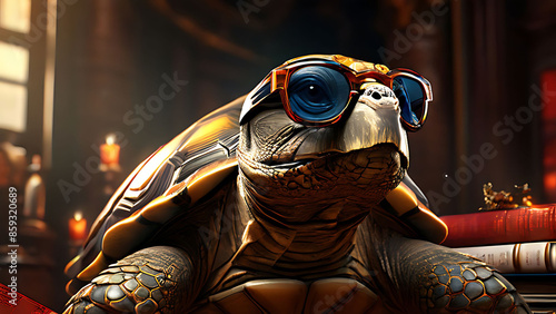 Geeky Tortoise A geeky tortoise with thick glasses, a bowtie, and a stack of comic books photo