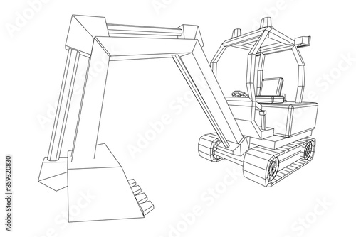 Heavy equipment excavator machine manufacturing power equipment for open pit mining. Wireframe low poly mesh vector illustration