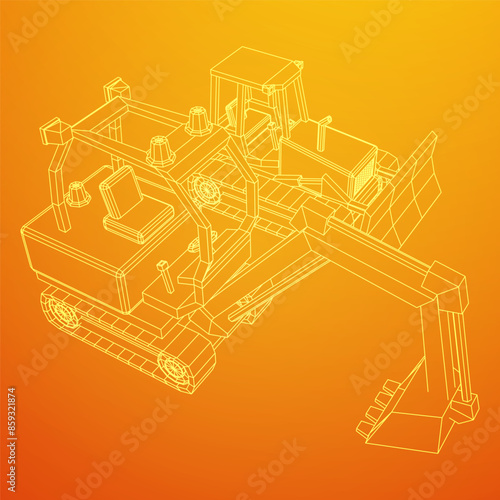 Heavy equipment excavator machine manufacturing power equipment for open pit mining. Wireframe low poly mesh vector illustration
