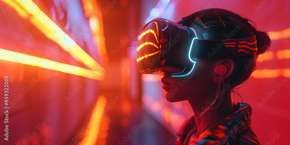 Person with VR head set. Sci-Fi futuristic background. Created with Generative AI technology. Person with VR head set. Sci-Fi futuristic background. Created with Generative AI technology.