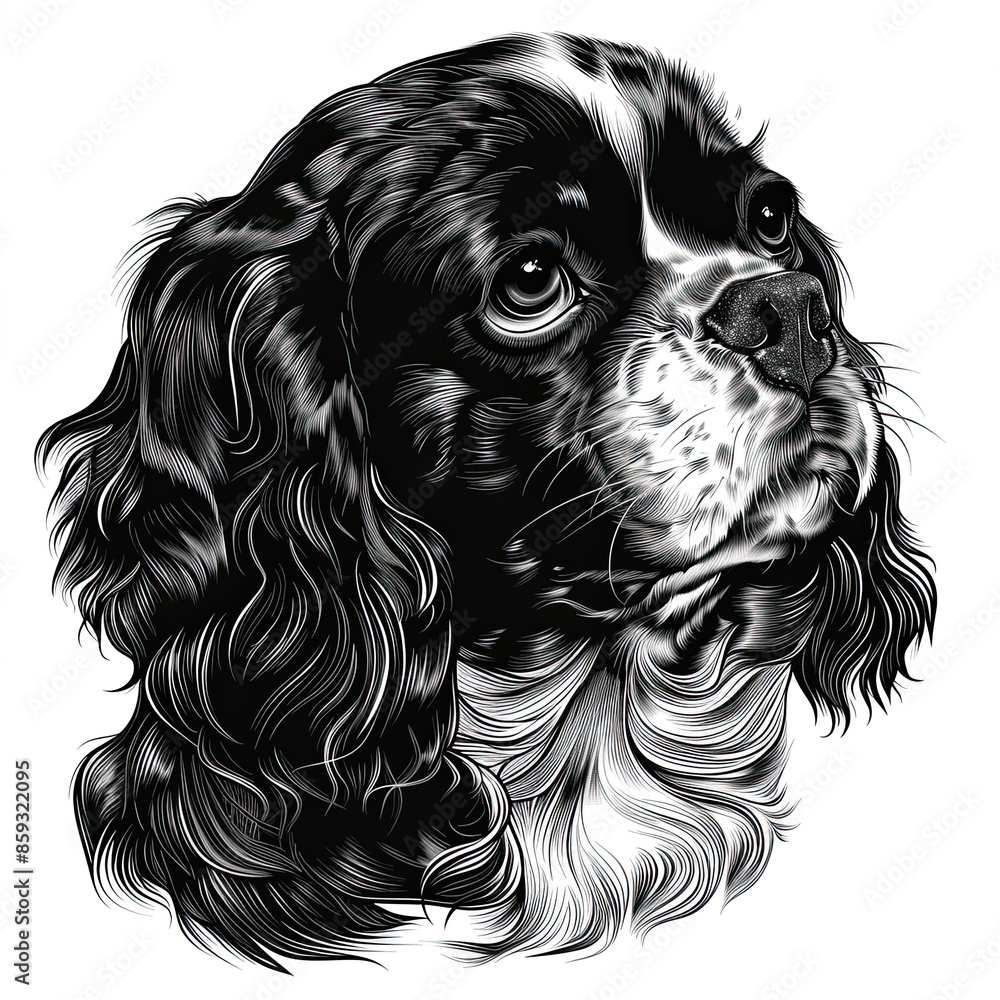 A black and white drawing of a Cavalier King Charles Spaniel dog A black and white drawing of a Cavalier King Charles Spaniel dog