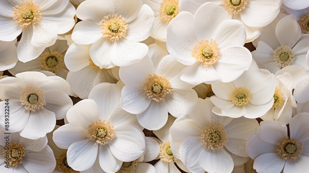 Many Anemone flowers composition. A close-up view of numerous white flowers with yellow centers, creating a dense and vibrant floral pattern. Filled full screen. Many Anemone flowers composition. A close-up view of numerous white flowers with yellow centers, creating a dense and vibrant floral pattern. Filled full screen.