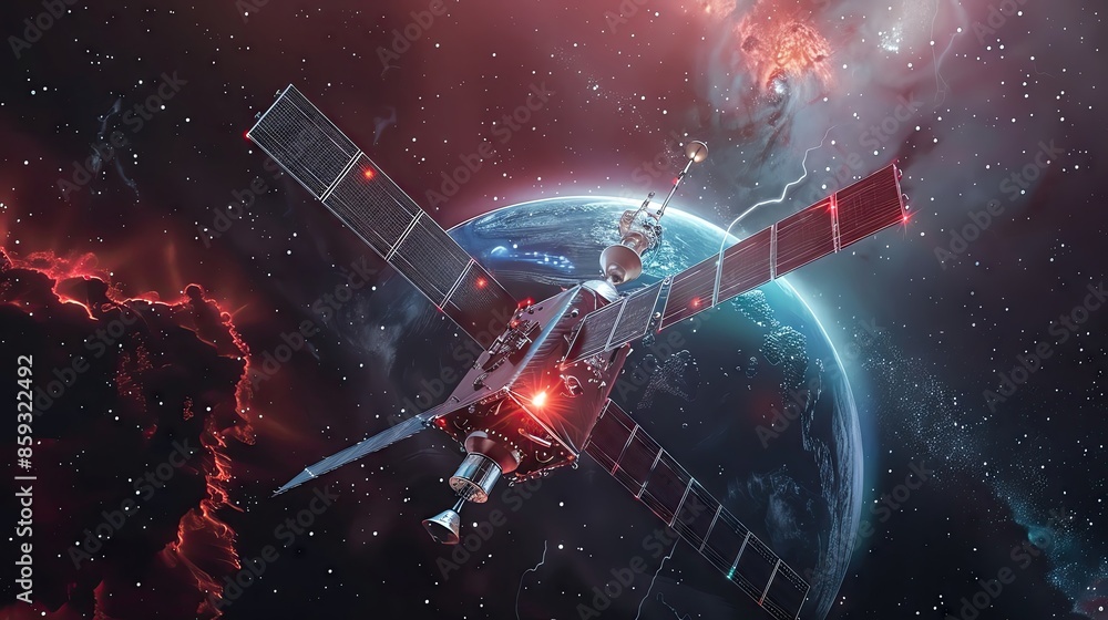 Satellite in space with distant planets in a stunning illustration style and clear areas for text Satellite in space with distant planets in a stunning illustration style and clear areas for text