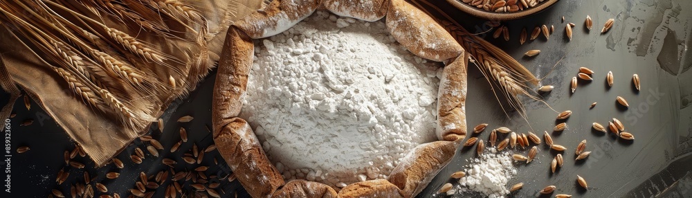 Rustic baking scene with a sack of flour, scattered wheat grains, and a bowl on a wooden table. Perfect for culinary or baking-related projects. Rustic baking scene with a sack of flour, scattered wheat grains, and a bowl on a wooden table. Perfect for culinary or baking-related projects.