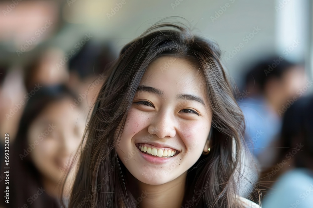 laughing asian female student with diverse group of classmates in background education lifestyle photo laughing asian female student with diverse group of classmates in background education lifestyle photo
