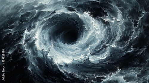 Abstract black and white whirlpool, intricate swirling patterns evoke strong sense of motion and energy. photo