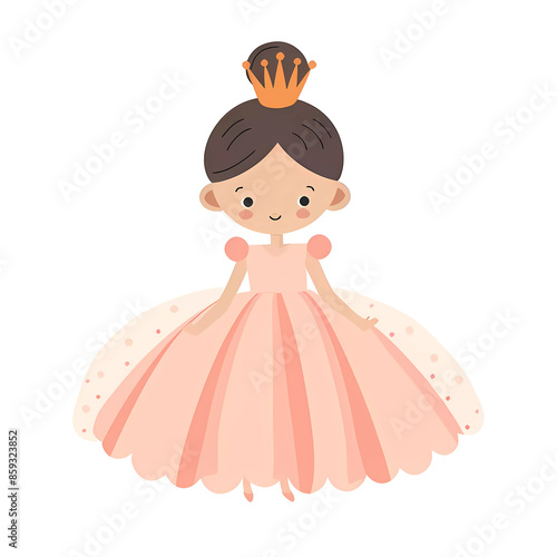 Cute fabulous girl princess in a fluffy pink dress and crown, baby print.Simple cartoon flat illustration on transparent background PNG photo