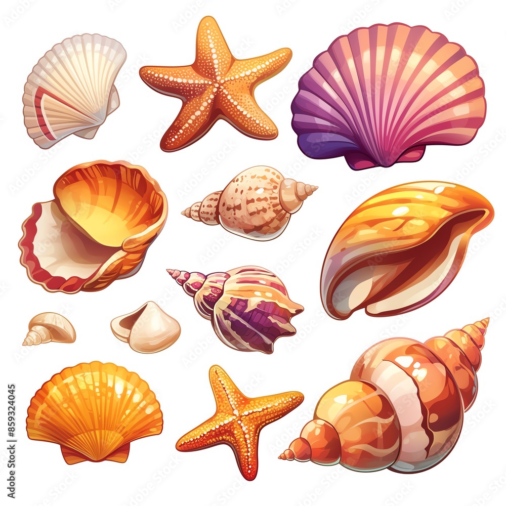 A colorful collection of various seashells and starfish illustrations in different shapes and sizes on a white background. A colorful collection of various seashells and starfish illustrations in different shapes and sizes on a white background.