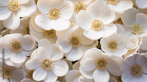 Many Anemone flowers texture. A close-up view of numerous white dogwood flowers in full bloom, showcasing their delicate petals and central yellow stamens. Filled full screen. © Aleksander