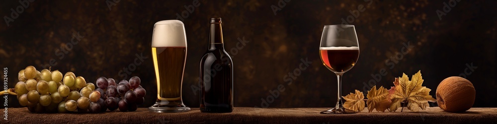 Elegant Wine Glass and Beer Bottle on Black Background, Generated by AI. Elegant Wine Glass and Beer Bottle on Black Background, Generated by AI.