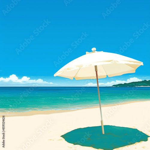 A pristine beach scene with a white umbrella casting shade on golden sand, overlooking the calm turquoise ocean under a clear blue sky.