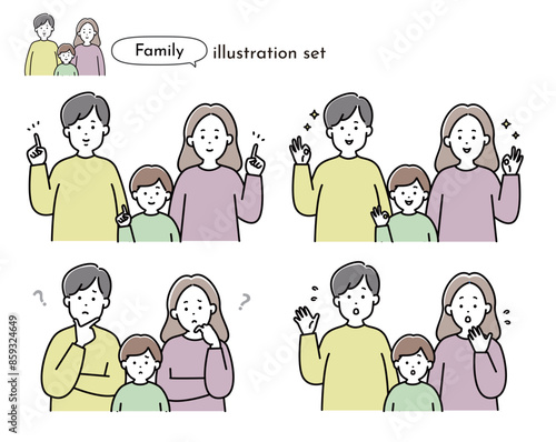 家族イラストセット　表情　3人家族　子供　日本人　若い　おしゃれ　かわいい