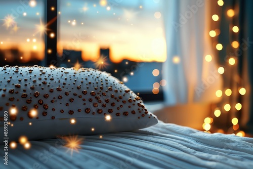 A luxury cozy bed with a pillow and a soothing twilight sky, light bokeh background. photo