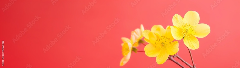 Fototapeta premium Close-up of vibrant yellow flowers against a bold red background, showcasing beauty and contrast in nature's simple elegance.