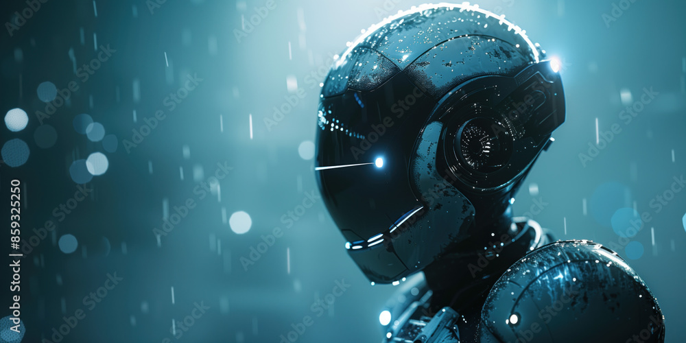 Fototapeta premium Closeup of a robot head on a blurred background with lights. Sci-Fi futuristic background. Created with Generative AI technology.