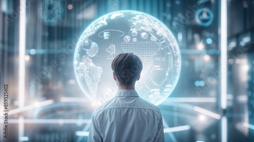 A businessman stares at a large, transparent globe displaying data