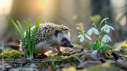 Wild European hedgehog emerging in springtime with snowdrop photo