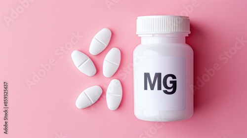 Bottle of magnesium pills on pink background