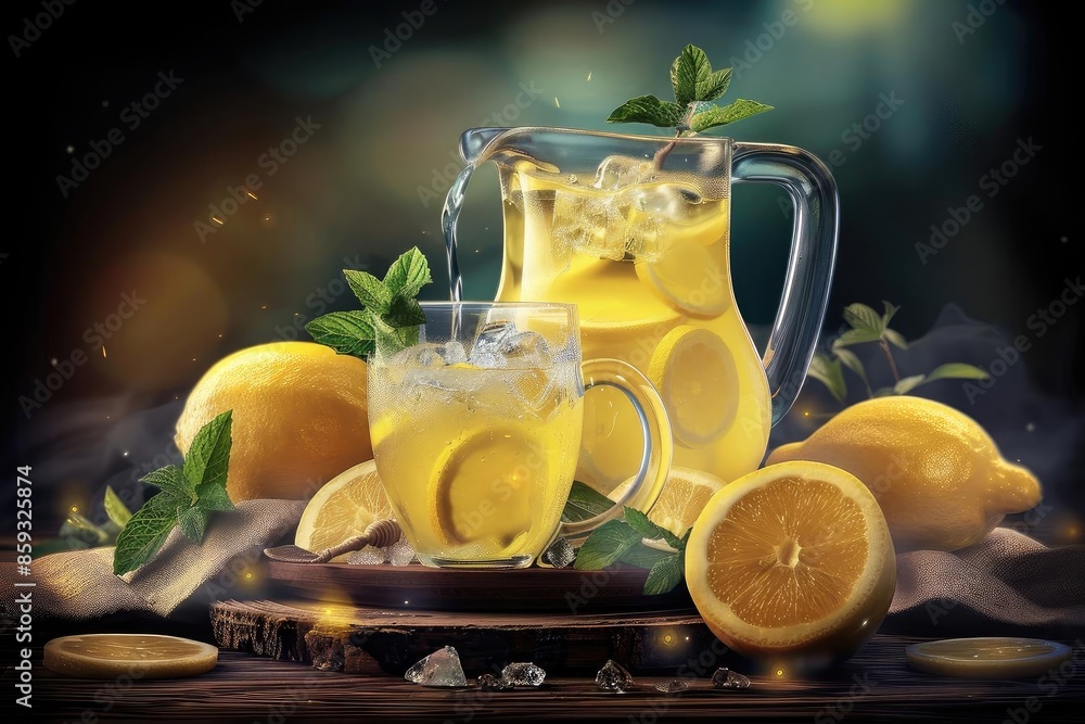 Fresh lemonade in a pitcher and glass with ice, surrounded by lemons and mint leaves on a wooden table with a dark background. Fresh lemonade in a pitcher and glass with ice, surrounded by lemons and mint leaves on a wooden table with a dark background.