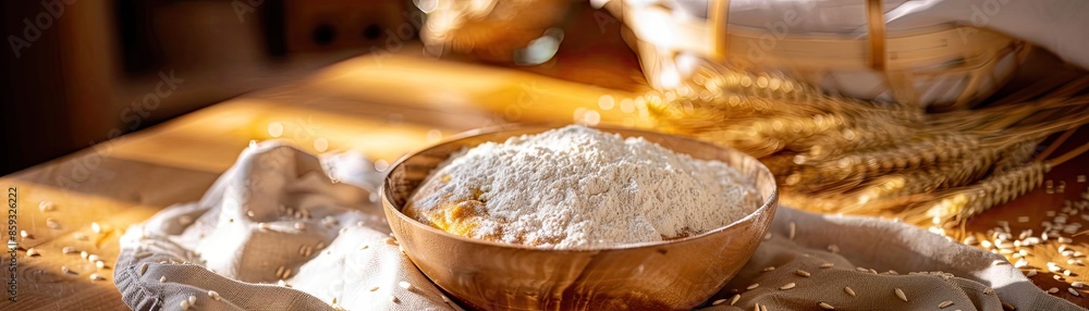 Rustic wooden bowl filled with flour on a wooden table with wheat stalks in the background, symbolizing baking and cooking ingredients. Rustic wooden bowl filled with flour on a wooden table with wheat stalks in the background, symbolizing baking and cooking ingredients.