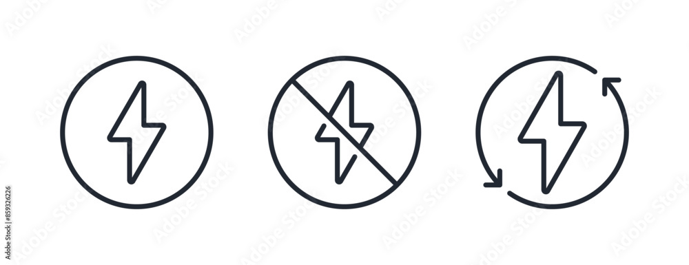 Energy, power, charge and lightning editable stroke outline icons set isolated on white background flat vector illustration. Pixel perfect. 64 x 64. Energy, power, charge and lightning editable stroke outline icons set isolated on white background flat vector illustration. Pixel perfect. 64 x 64.