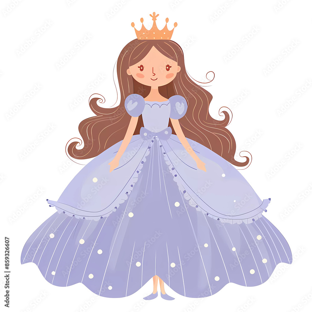Fototapeta premium Cute fabulous girl princess in a lush lilac dress and crown, baby print.Simple cartoon flat illustration on transparent background PNG
