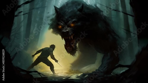 Brave hero fights against a terrible scary werewolf in the night foggy forest	
