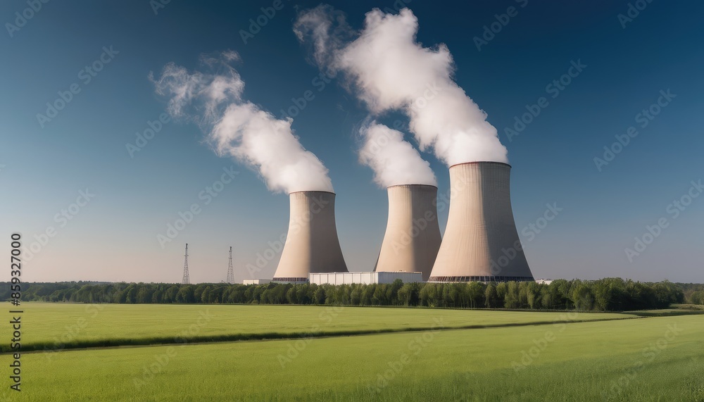 A power plant with three large cooling towers emitting steam, set against a backdrop of lush greenery A power plant with three large cooling towers emitting steam, set against a backdrop of lush greenery