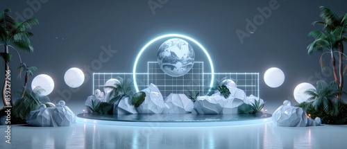 Futuristic abstract digital landscape with glowing globe, grid lines, and geometric shapes surrounded by palm trees and neon lights.