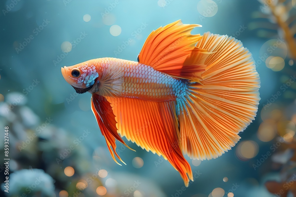 A bright yellow Betta fish swims in a blue aquarium tank A bright yellow Betta fish swims in a blue aquarium tank