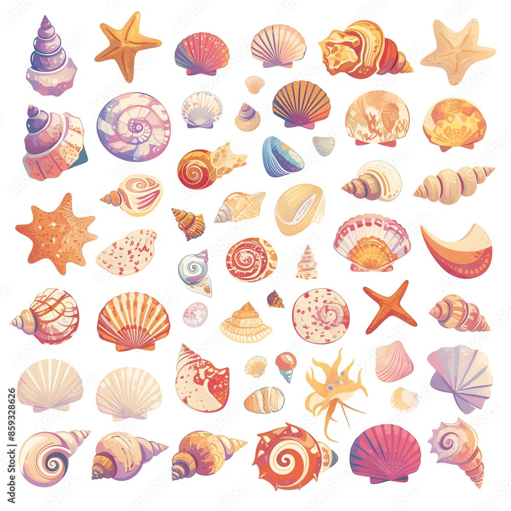 Collection of beautiful, colorful seashells and marine creatures isolated on white background, perfect for summer and ocean-themed designs. Collection of beautiful, colorful seashells and marine creatures isolated on white background, perfect for summer and ocean-themed designs.