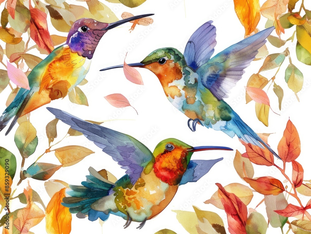 Fototapeta premium colibri birds pattern, watercolor style. ai generated