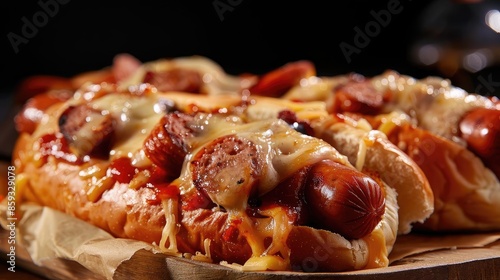 Close-up of delicious hot dogs topped with melted cheese and sausage, served on parchment paper. Perfect for food and dining concepts.