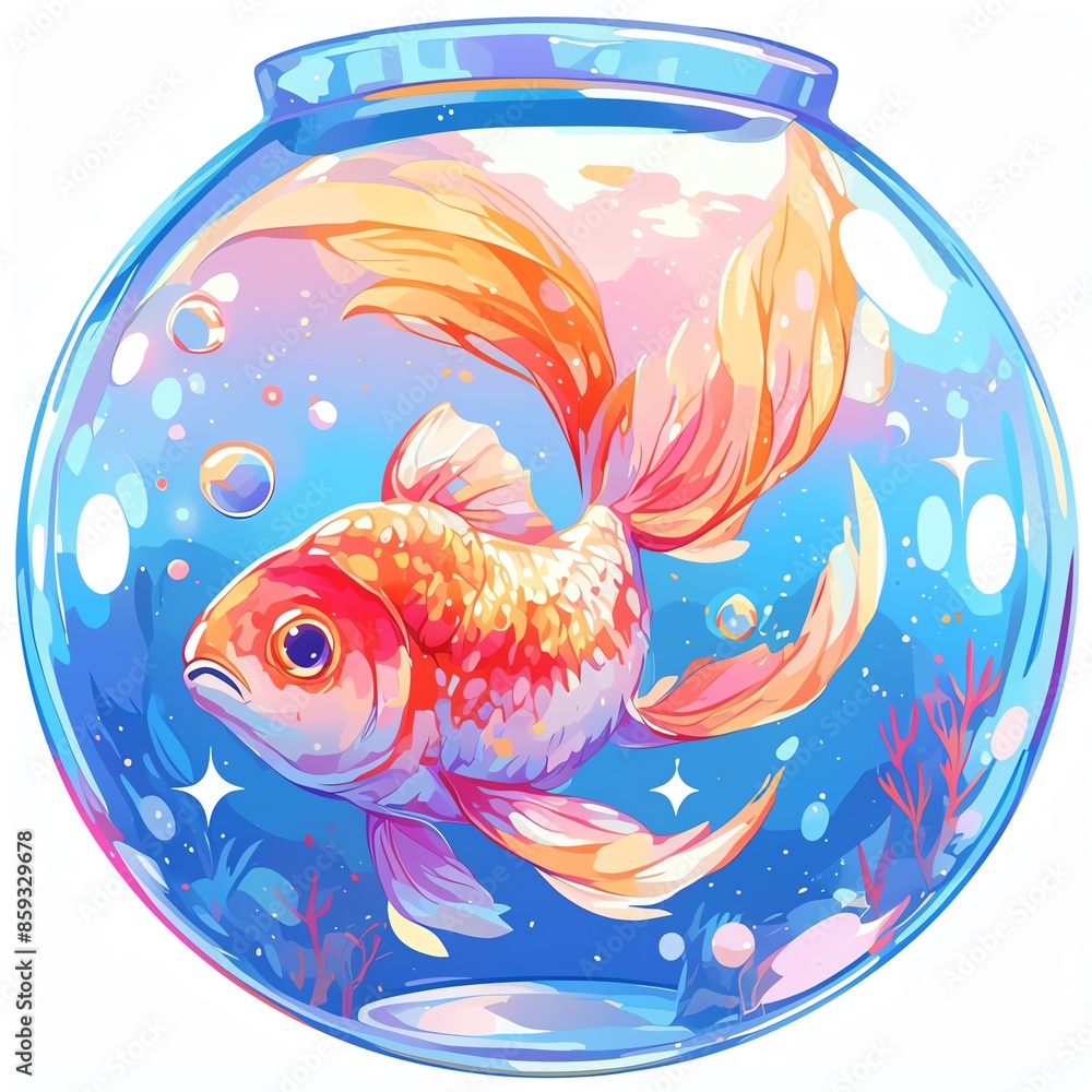 Naklejka premium Colorful illustration of a goldfish swimming in a round fishbowl with bright, vibrant underwater scenery.
