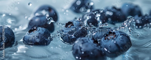 Fresh blueberries splashing in water, close-up. Healthy eating and freshness concept.