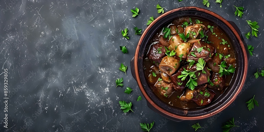 Slow-Cooked Beef Oxtail Stew with Fresh Parsley Garnish A Comforting Meal. Concept Beef Stew, Slow-Cooked, Oxtail, Fresh Parsley, Comforting Meal Slow-Cooked Beef Oxtail Stew with Fresh Parsley Garnish A Comforting Meal. Concept Beef Stew, Slow-Cooked, Oxtail, Fresh Parsley, Comforting Meal