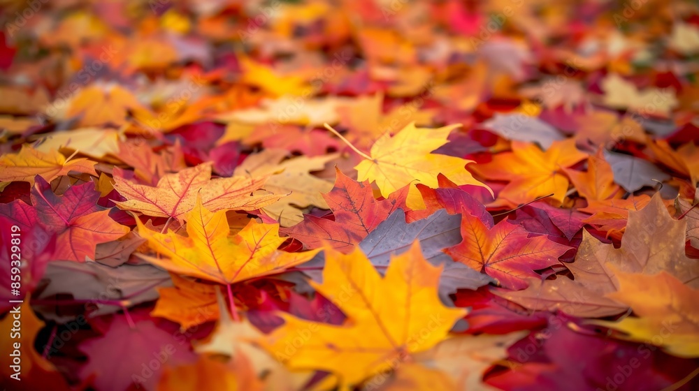 Scenic autumn landscape with maple leaves forming a vibrant and colorful carpet on the ground Scenic autumn landscape with maple leaves forming a vibrant and colorful carpet on the ground