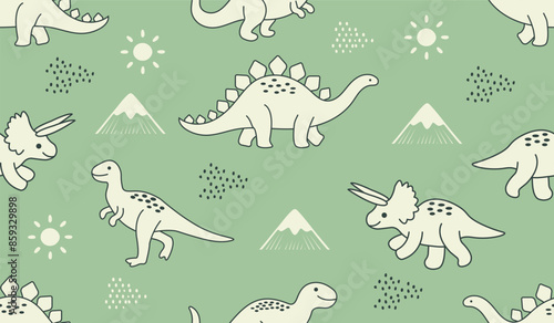 Cute dinosaur vector print for kids. Cute Dino pastel print for party decor. Seamless pattern © Darya