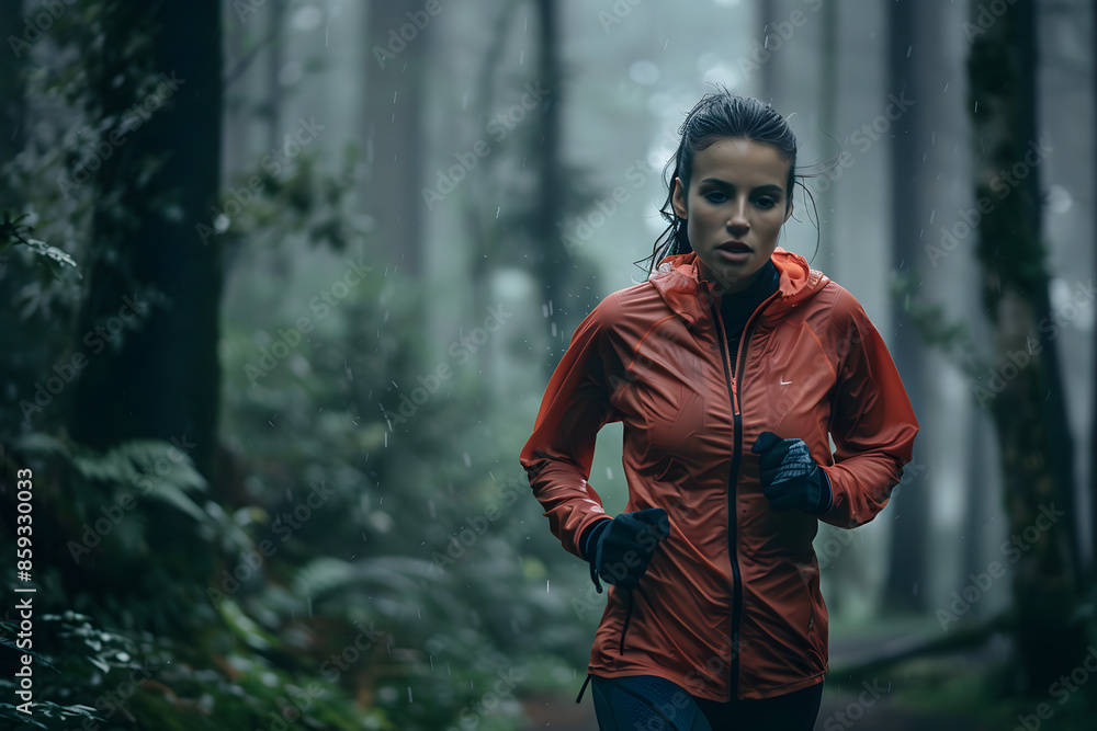 Woman in sporty clothing jogging in rainy cold forest Woman in sporty clothing jogging in rainy cold forest