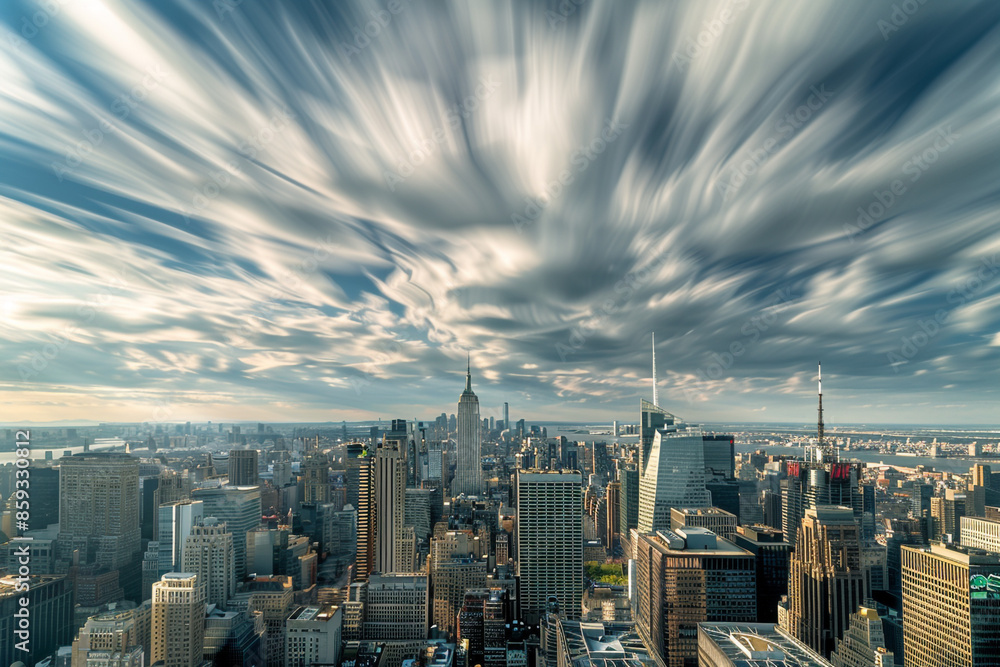 Obraz premium The skyline of New York City with a layer of clouds moving swiftly across the sky, casting shadows over the buildings