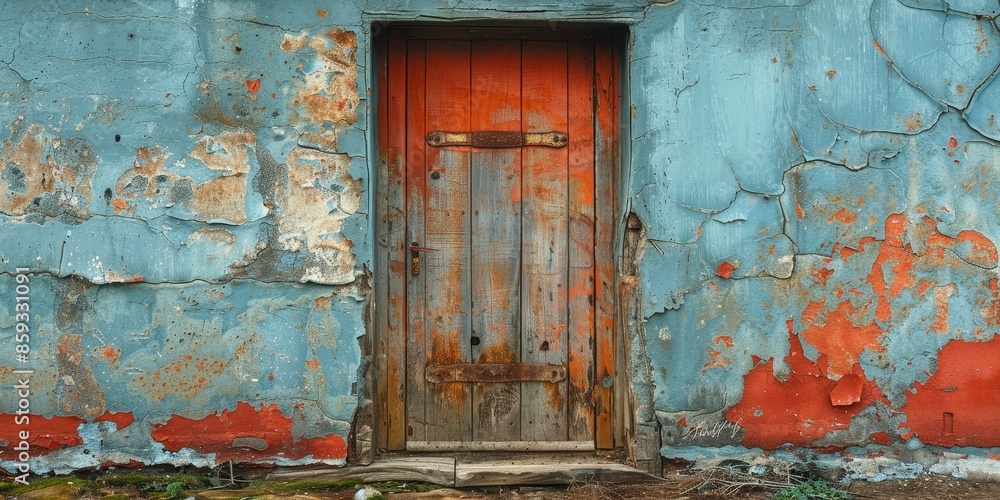 Old, Weathered Wooden Door on a Peeling Wall Old, Weathered Wooden Door on a Peeling Wall