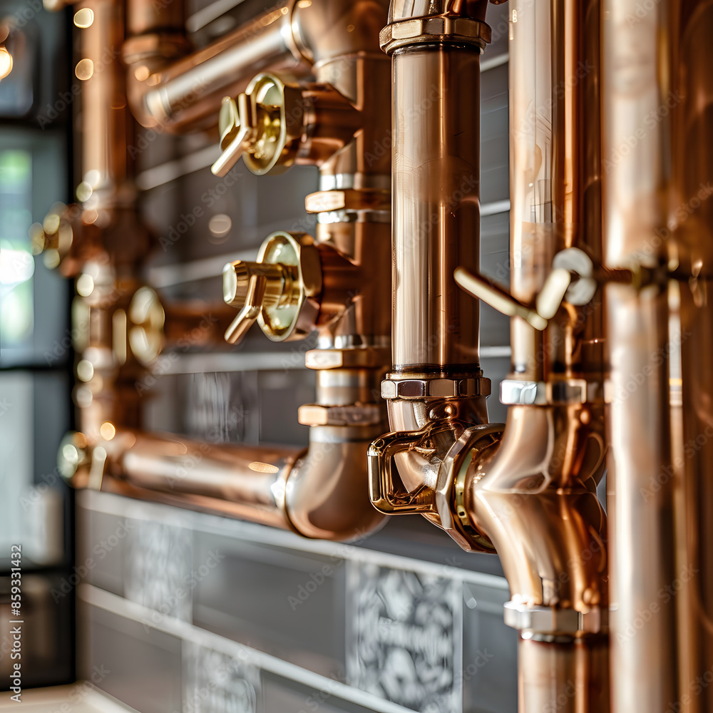Close-up of shiny copper pipes installed in an industrial plant. Close-up of shiny copper pipes installed in an industrial plant.