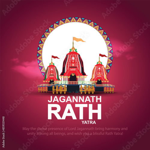illustration of Lord Jagannath, Balabhadra and Subhadra on annual Ratha Yatra in Odisha festival background
