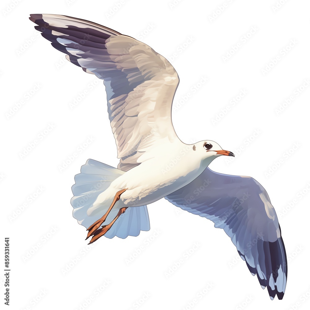 Digital illustration of a seagull in mid-flight against a white background, showcasing its wings and detailed feathers. Digital illustration of a seagull in mid-flight against a white background, showcasing its wings and detailed feathers.