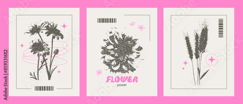 Set of modern flower posters with photocopy effect Y2K. Grainy texture and pink lycuid letters. Fashionable print for t-shirts and sweatshirts. Vector
