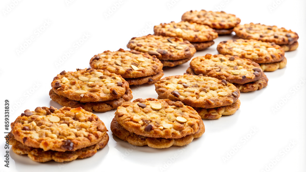 Cookies with nuts and chocolate chips on a white plate.
Cookies with nuts and chocolate chips on a white plate.