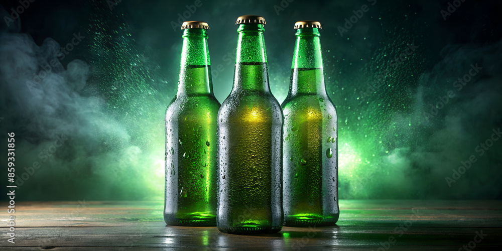 Three green beer bottles on a wooden surface Three green beer bottles on a wooden surface