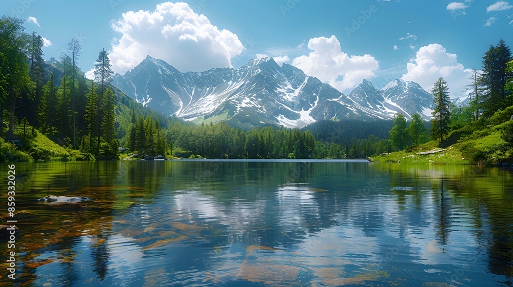 A serene mountain lake nestled between rugged peaks with a view of the clear sky. reflecting the surrounding snow-capped mountains. A serene mountain lake nestled between rugged peaks with a view of the clear sky. reflecting the surrounding snow-capped mountains.